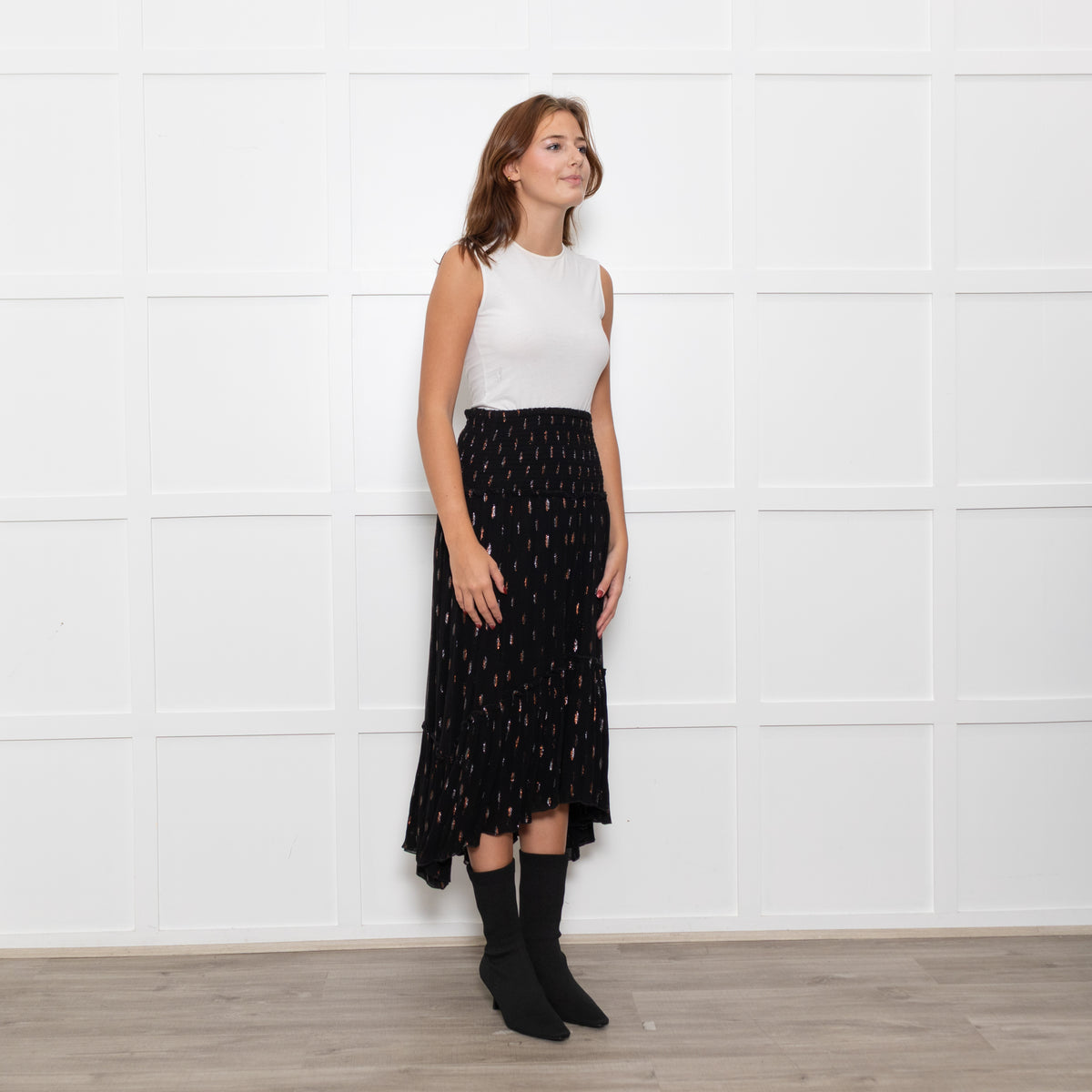 By Iris Black Shirred Waist Black Frill Skirt with Metallic Design