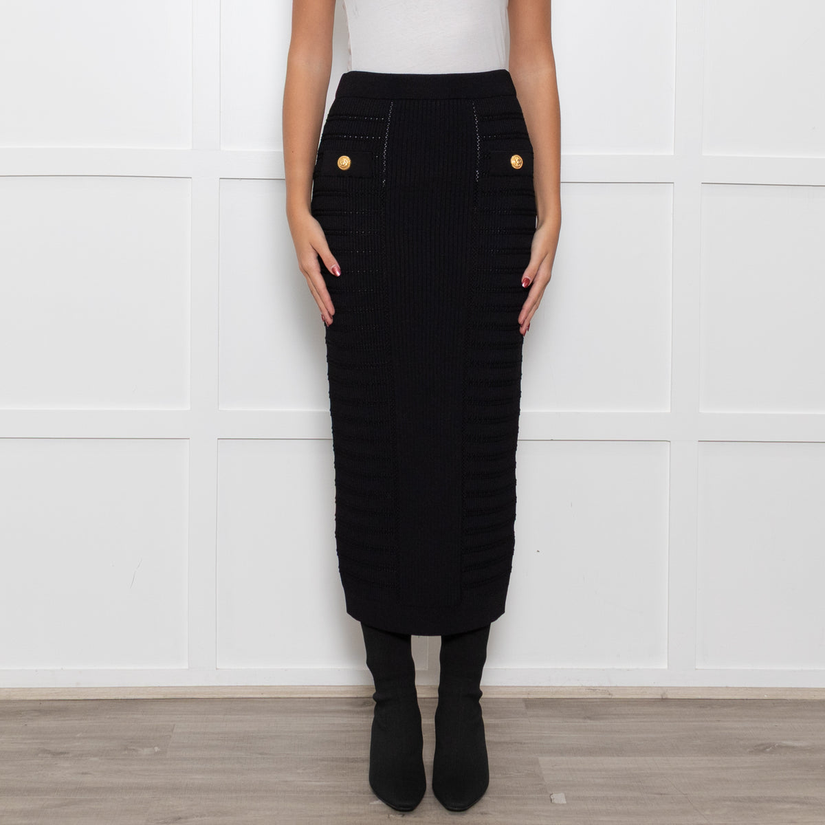 Balmain Black Ribbed Knit Pencil Skirt