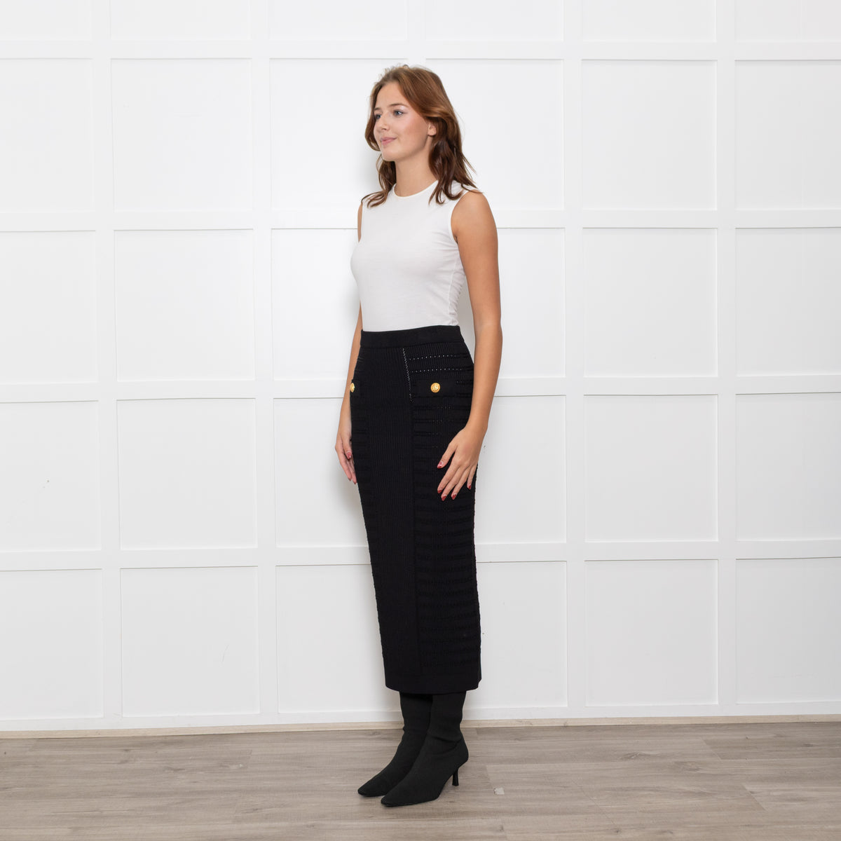 Balmain Black Ribbed Knit Pencil Skirt