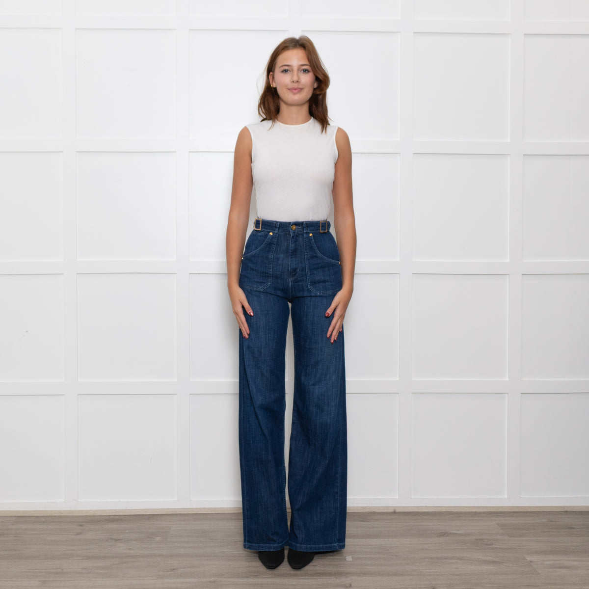 Ida High Waisted Front Pocket Buckle Wide Leg Blue Jeans