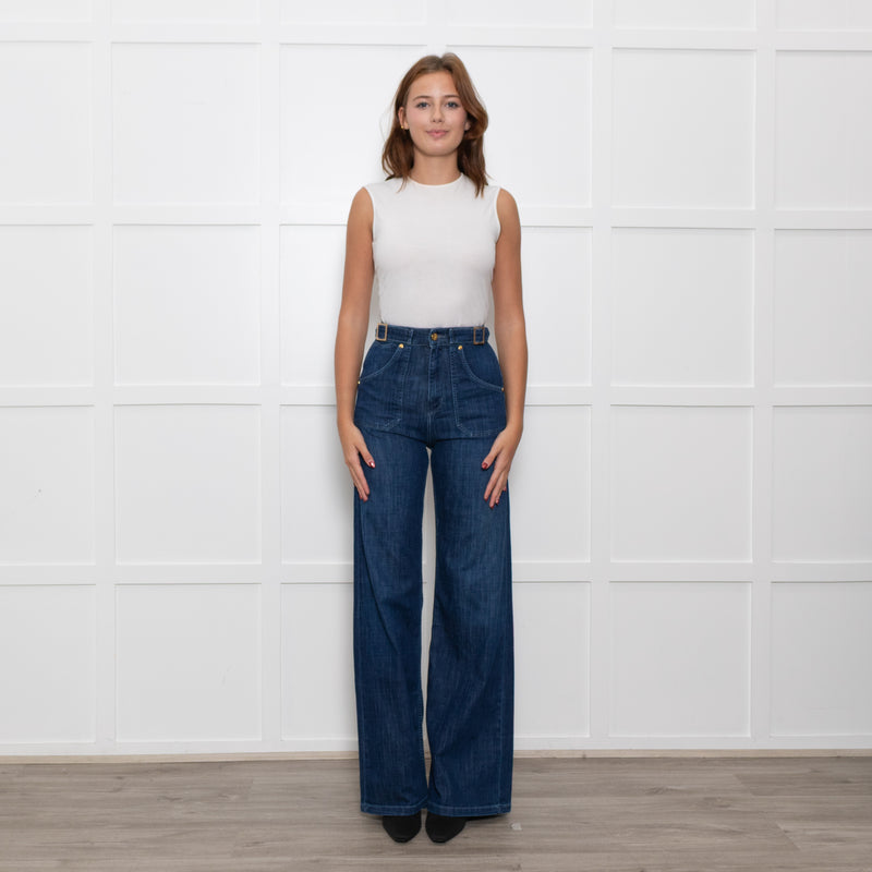 Ida High Waisted Front Pocket Buckle Wide Leg Blue Jeans