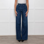 Ida High Waisted Front Pocket Buckle Wide Leg Blue Jeans