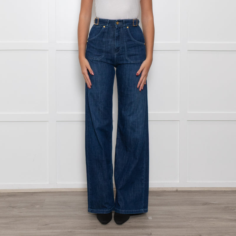 Ida High Waisted Front Pocket Buckle Wide Leg Blue Jeans