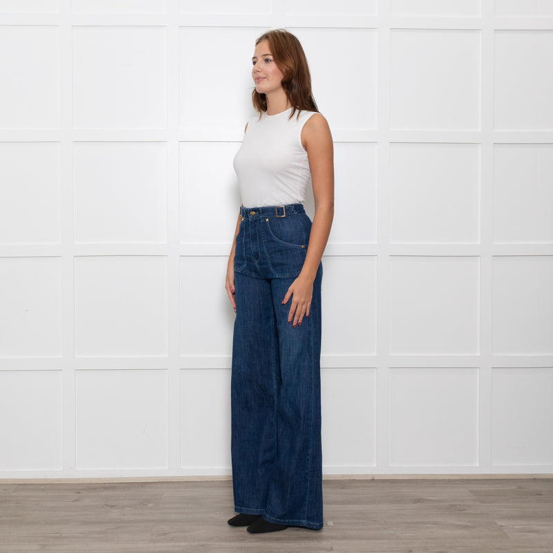 Ida High Waisted Front Pocket Buckle Wide Leg Blue Jeans