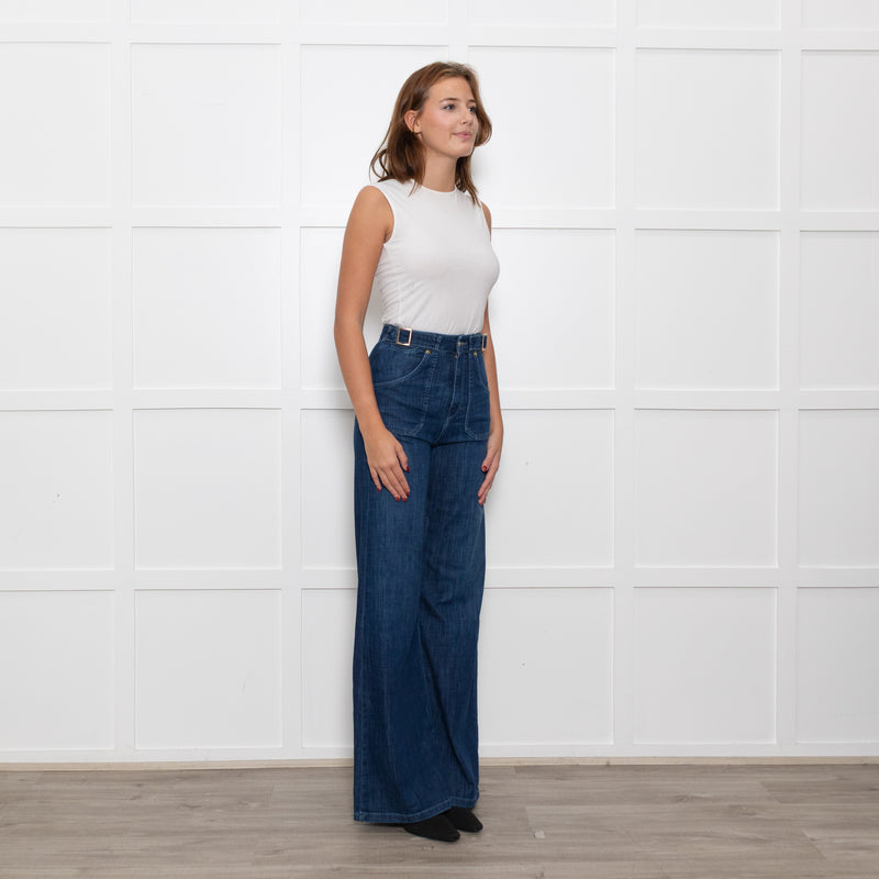 Ida High Waisted Front Pocket Buckle Wide Leg Blue Jeans