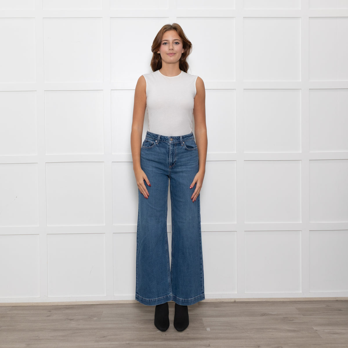 Paige Blue Wide Leg Straight Distressed Detail Denim Trousers
