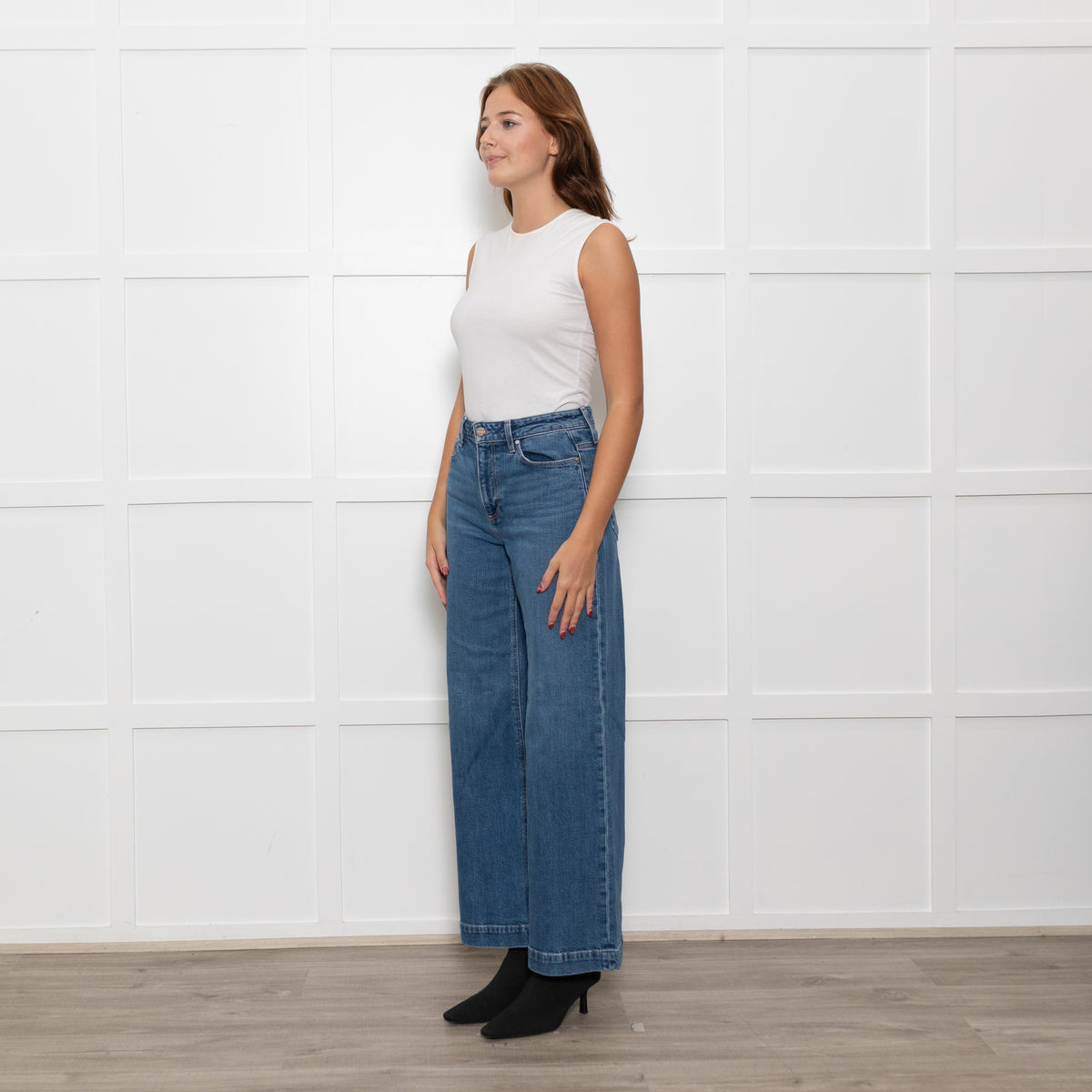 Paige Blue Wide Leg Straight Distressed Detail Denim Trousers