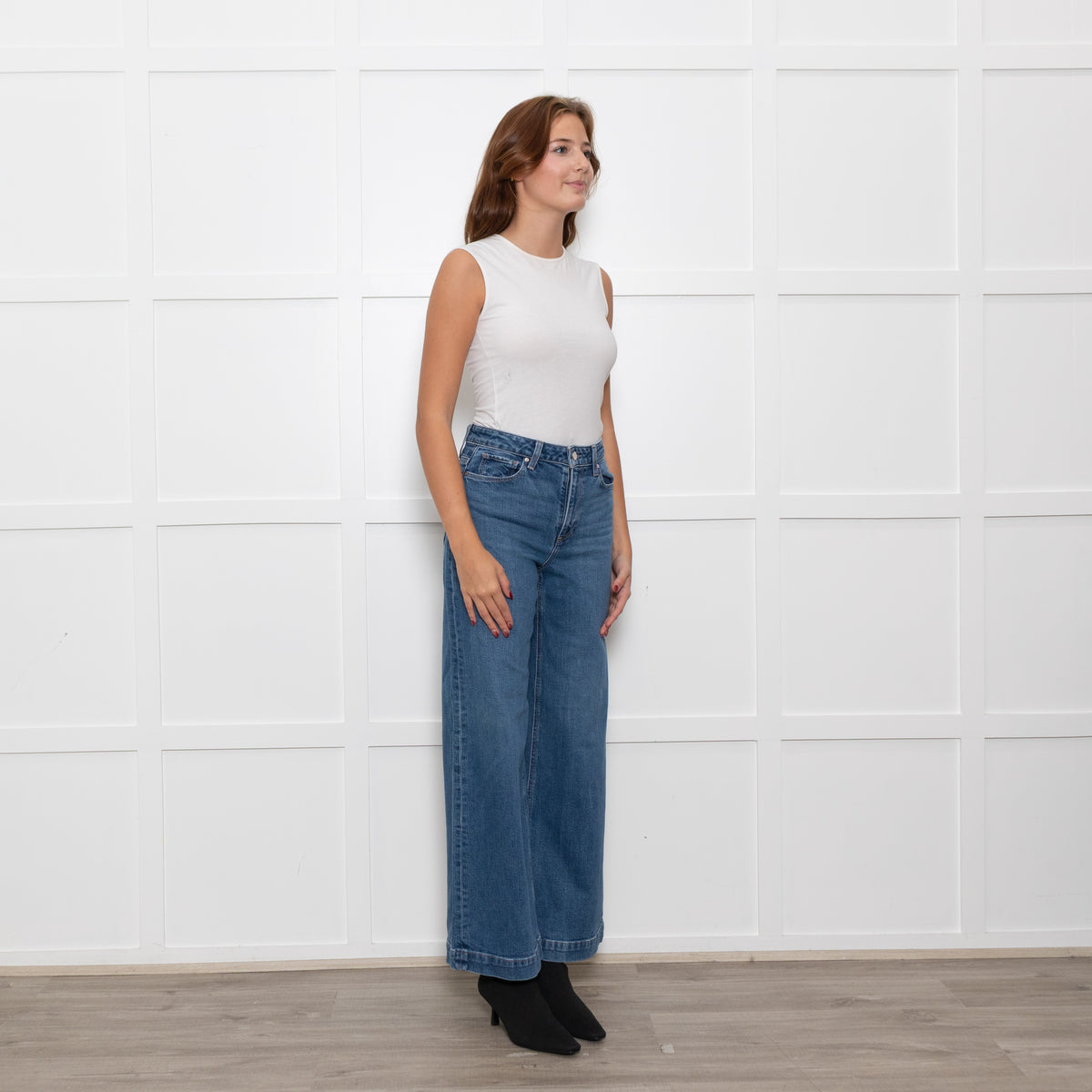 Paige Blue Wide Leg Straight Distressed Detail Denim Trousers