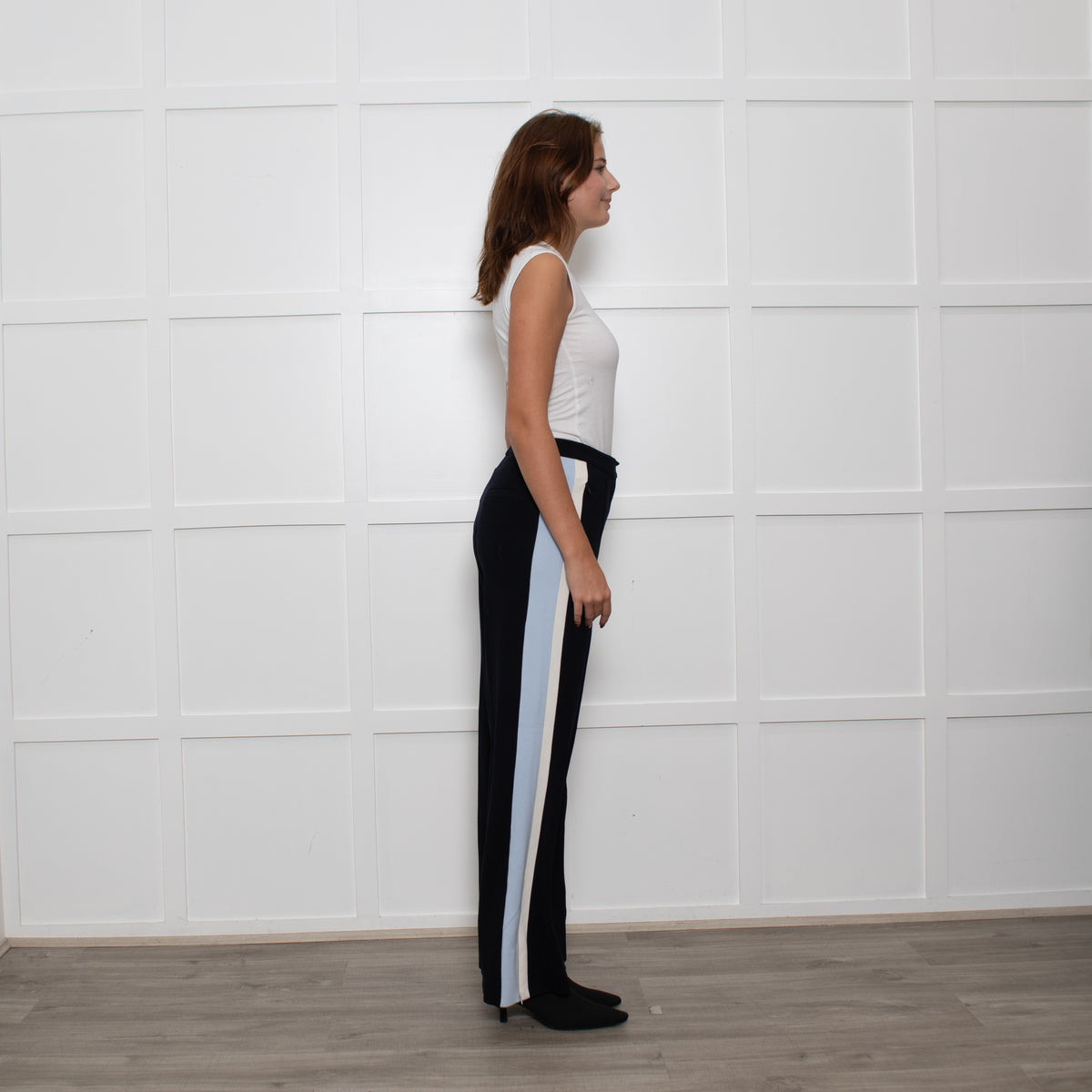 Me + Em Black Cream Blue Side Stripes Stretchy Trousers