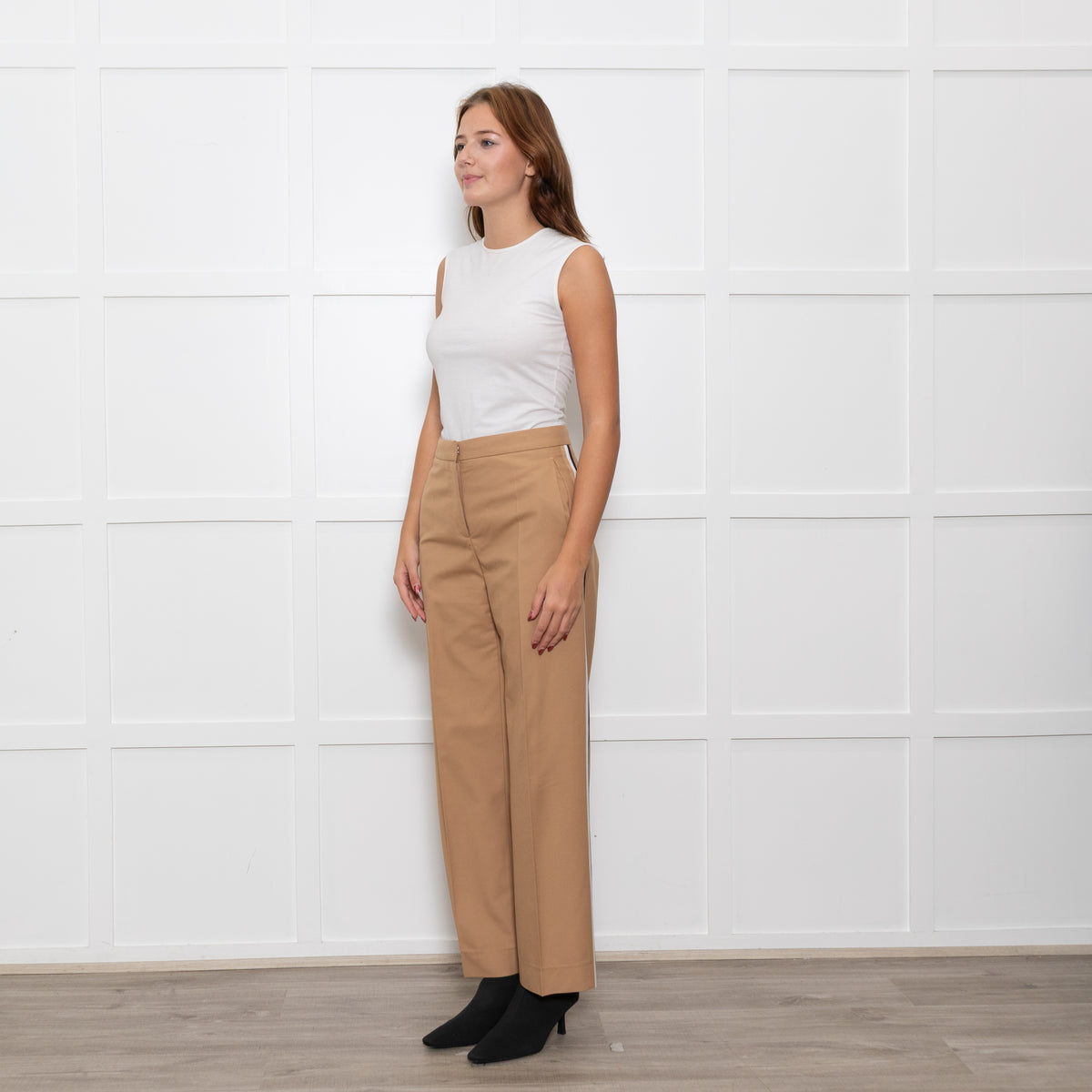 Hugo Boss Beige White Black Stripes Wide Leg Trousers