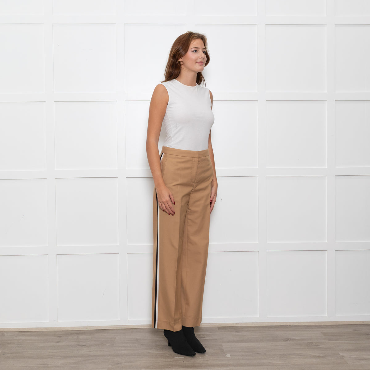 Hugo Boss Beige White Black Stripes Wide Leg Trousers