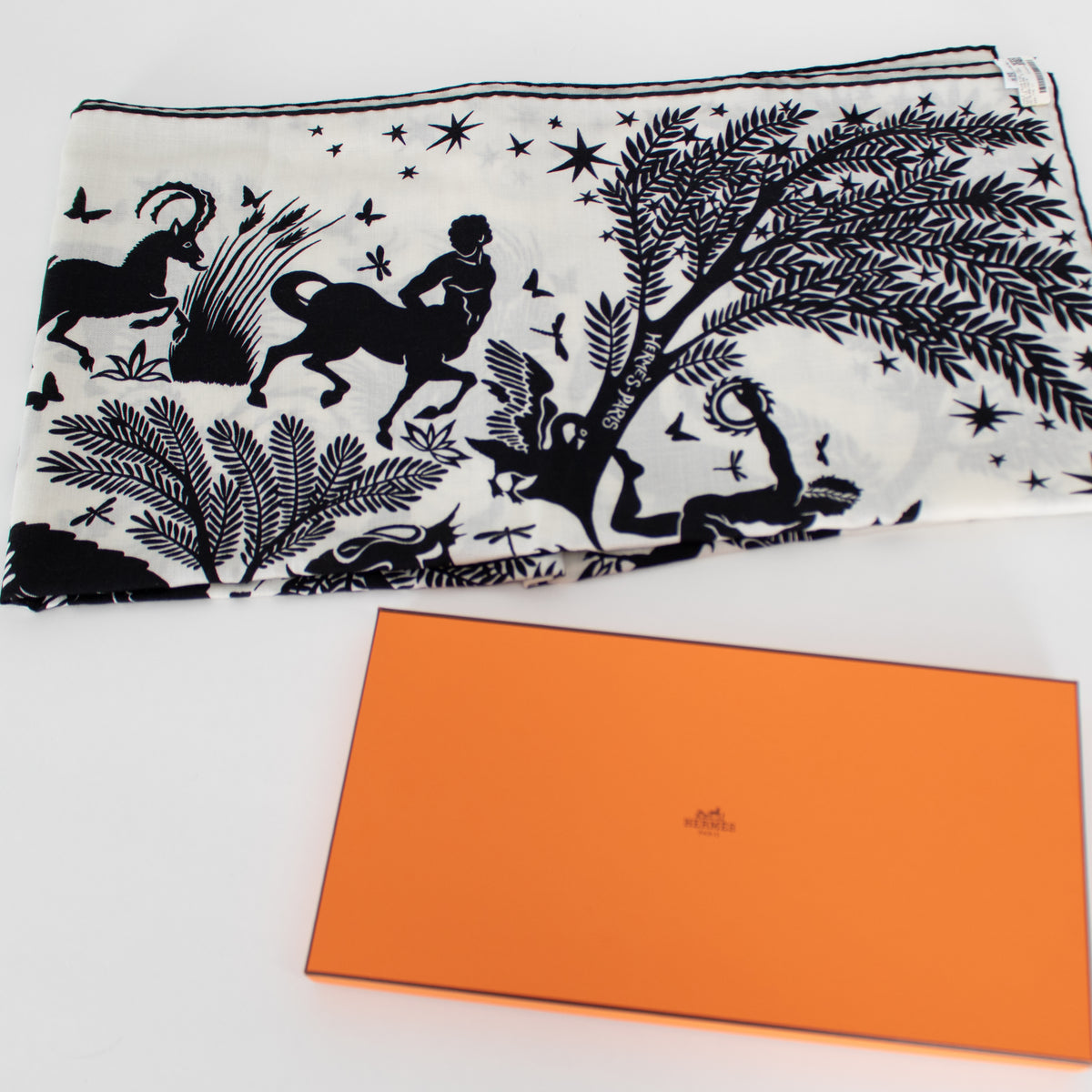 Hermes Black and White Le Sous Le Charme d'Orphee 140 Shawl