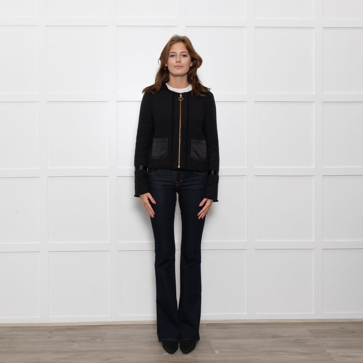 Me + Em Black Raw Edge Tweedy Zip Up Jacket