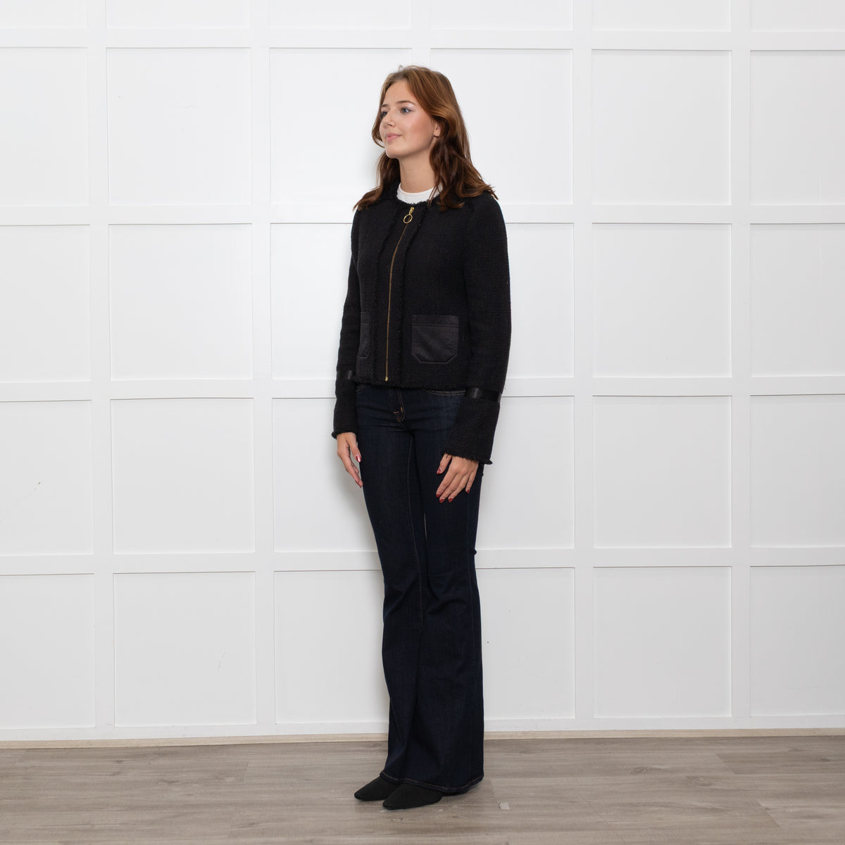 Me + Em Black Raw Edge Tweedy Zip Up Jacket