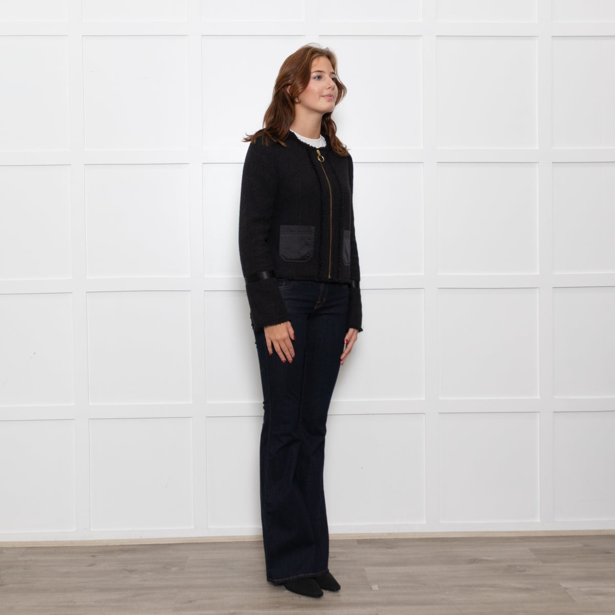 Me + Em Black Raw Edge Tweedy Zip Up Jacket