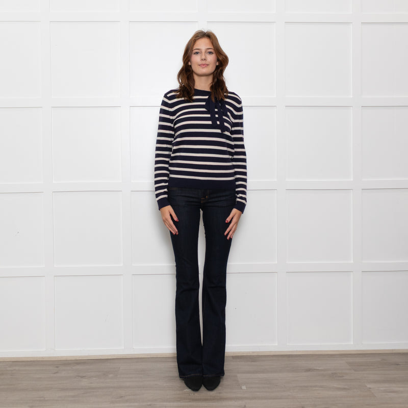Chinti & Parker Navy Cream Striped Bow Neck Cashmere Blend Jumper