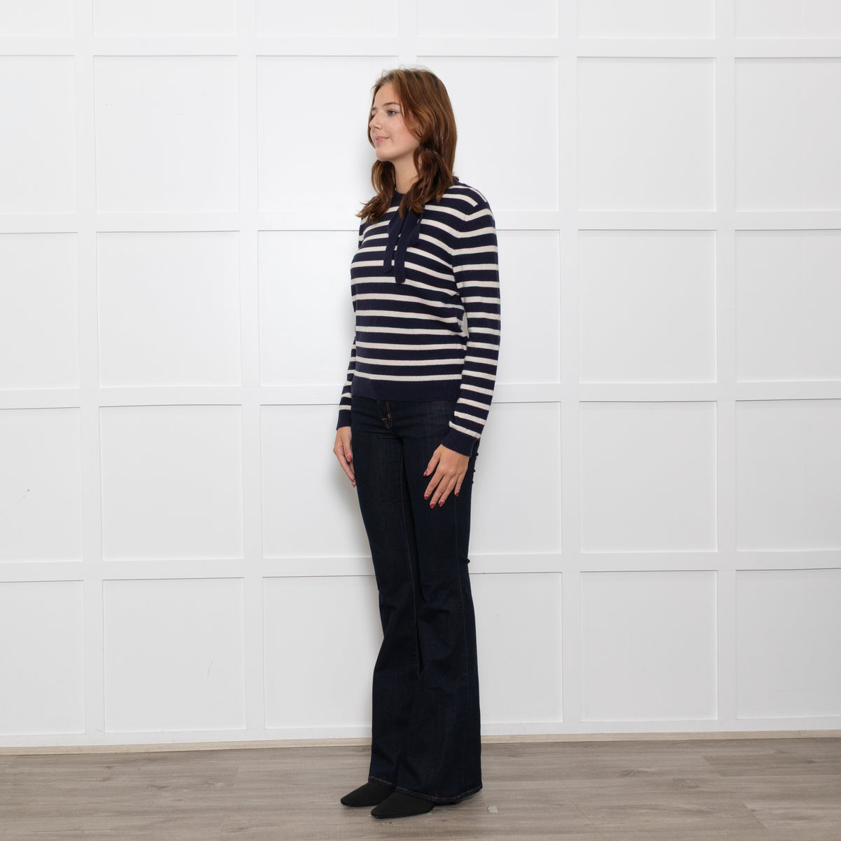 Chinti & Parker Navy Cream Striped Bow Neck Cashmere Blend Jumper