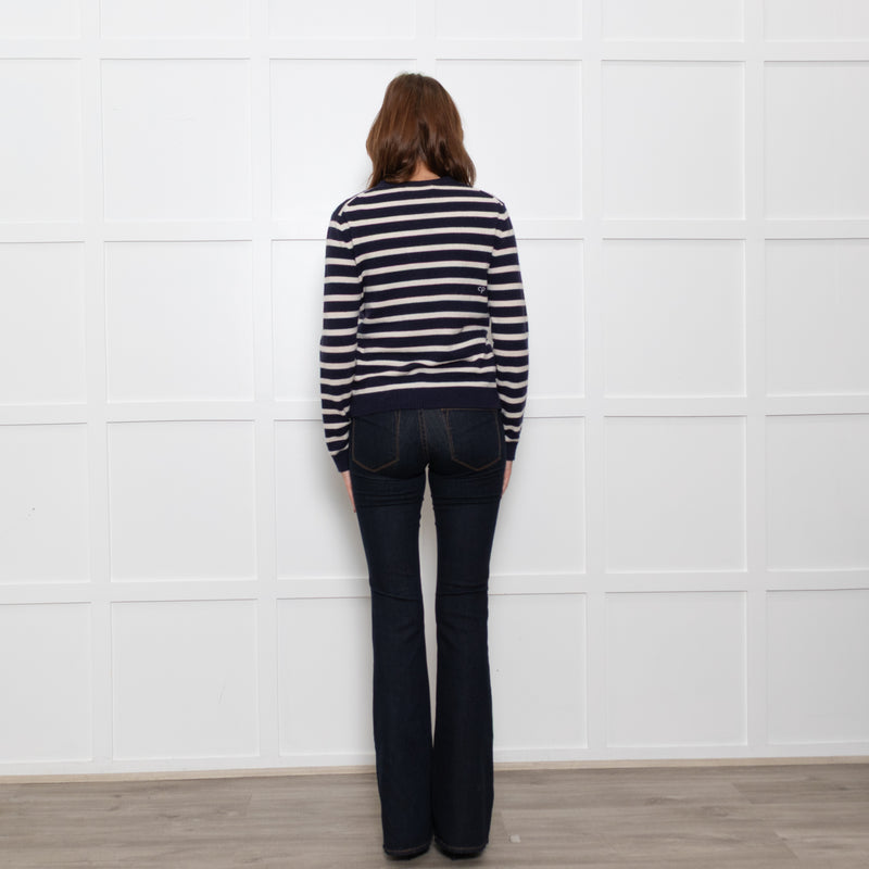 Chinti & Parker Navy Cream Striped Bow Neck Cashmere Blend Jumper