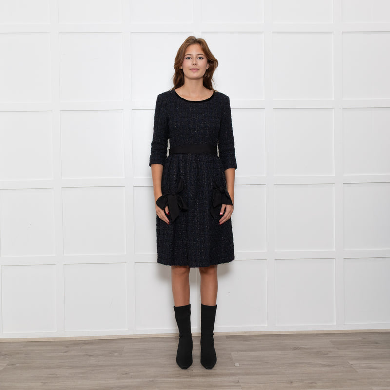 Moloh Midnight Blue Boucle Knit Dress with Grosgrain Ribbon Trims