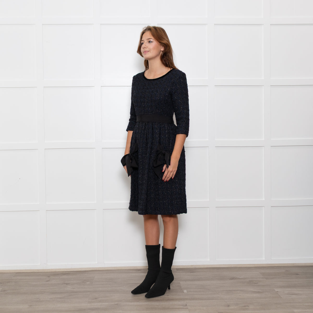 Moloh Midnight Blue Boucle Knit Dress with Grosgrain Ribbon Trims