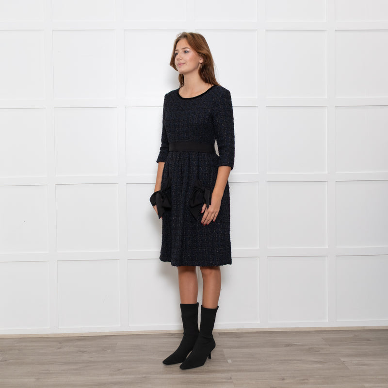 Moloh Midnight Blue Boucle Knit Dress with Grosgrain Ribbon Trims