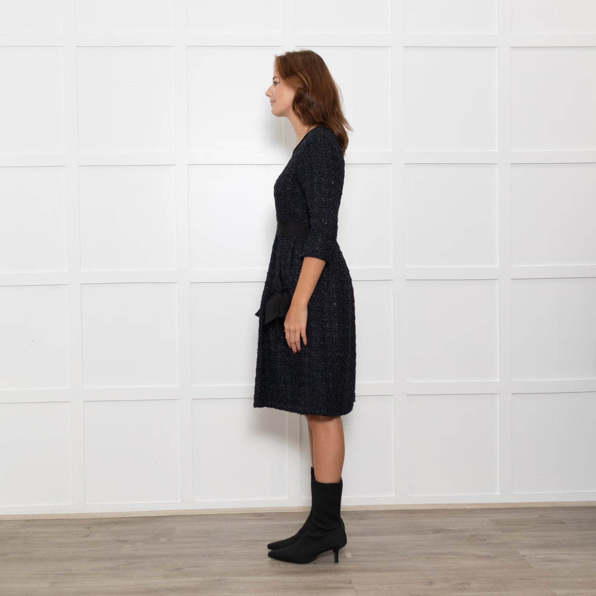 Moloh Midnight Blue Boucle Knit Dress with Grosgrain Ribbon Trims