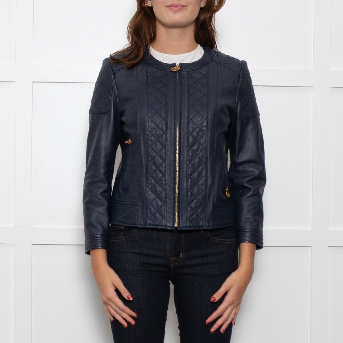 Tory Burch Blue Leather Quilted Trim Zip Up Jacket