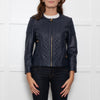 Tory Burch Blue Leather Quilted Trim Zip Up Jacket