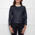 Tory Burch Blue Leather Quilted Trim Zip Up Jacket