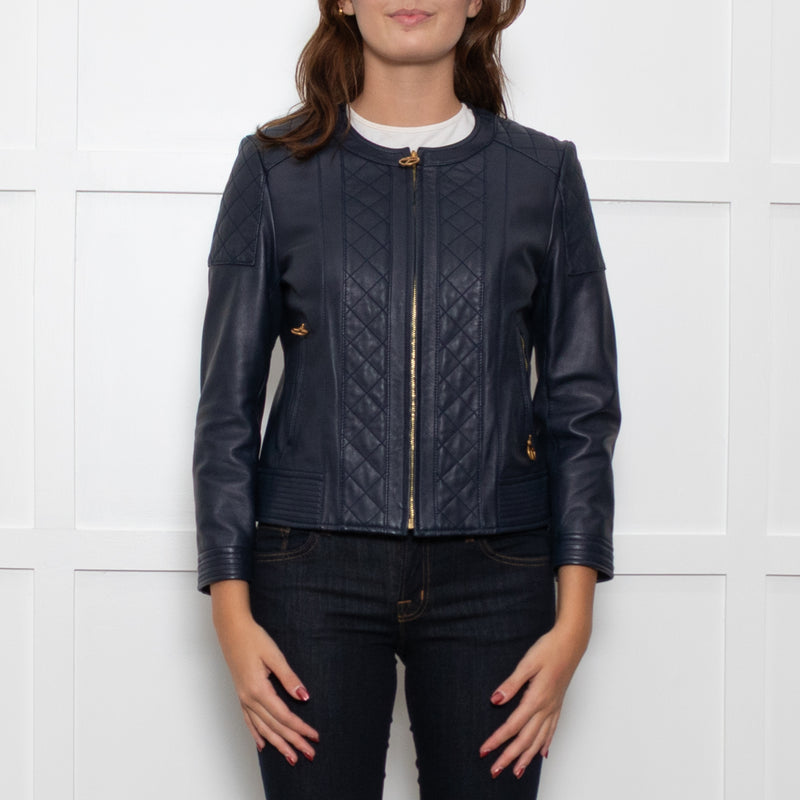 Tory Burch Blue Leather Quilted Trim Zip Up Jacket