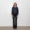 Tory Burch Blue Leather Quilted Trim Zip Up Jacket