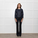 Tory Burch Blue Leather Quilted Trim Zip Up Jacket