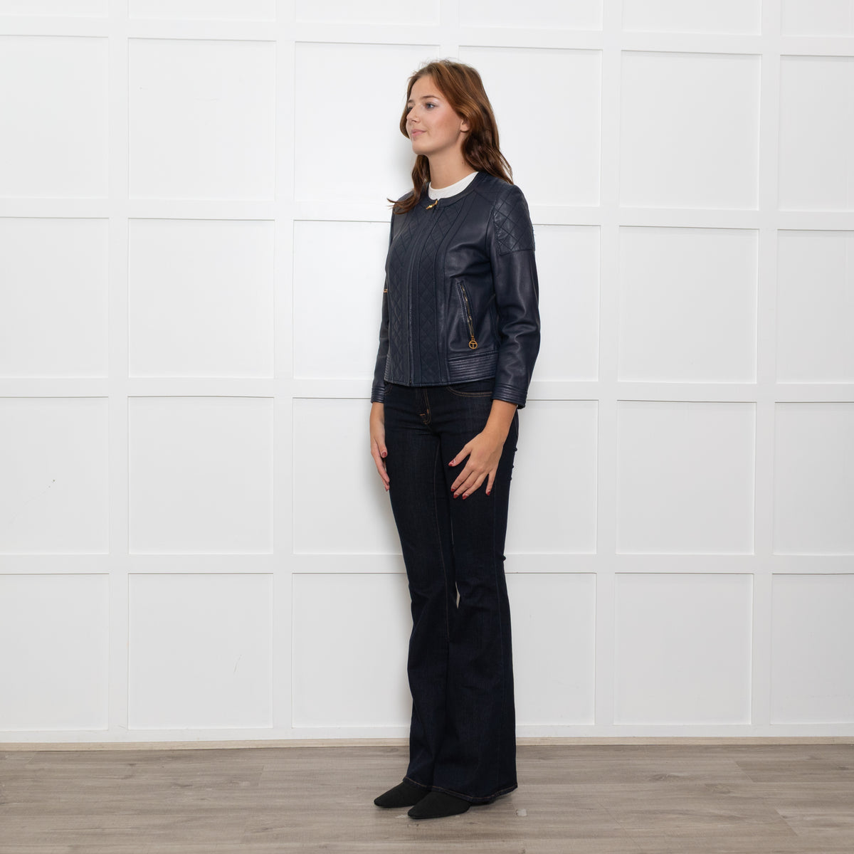 Tory Burch Blue Leather Quilted Trim Zip Up Jacket