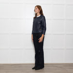Tory Burch Blue Leather Quilted Trim Zip Up Jacket