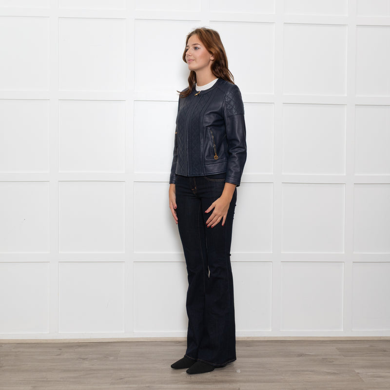 Tory Burch Blue Leather Quilted Trim Zip Up Jacket