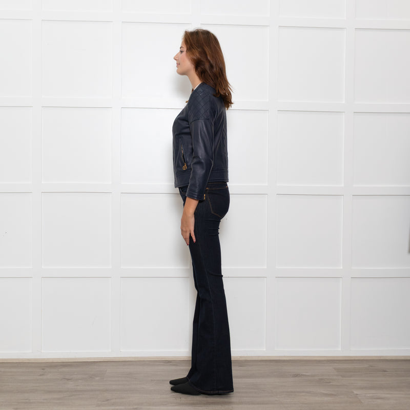 Tory Burch Blue Leather Quilted Trim Zip Up Jacket
