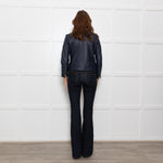 Tory Burch Blue Leather Quilted Trim Zip Up Jacket