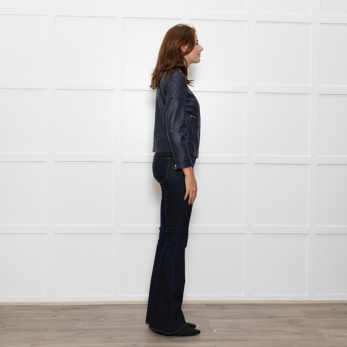 Tory Burch Blue Leather Quilted Trim Zip Up Jacket