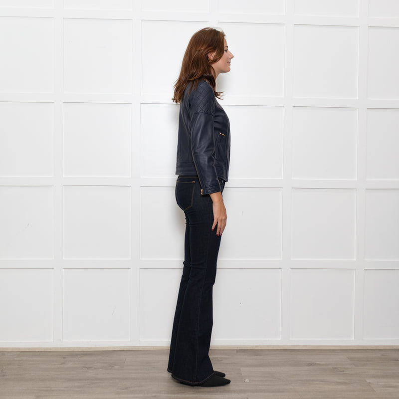 Tory Burch Blue Leather Quilted Trim Zip Up Jacket