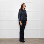 Tory Burch Blue Leather Quilted Trim Zip Up Jacket