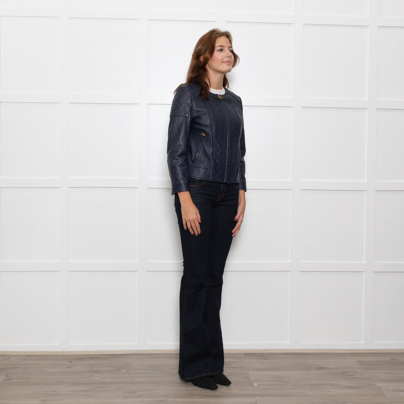 Tory Burch Blue Leather Quilted Trim Zip Up Jacket