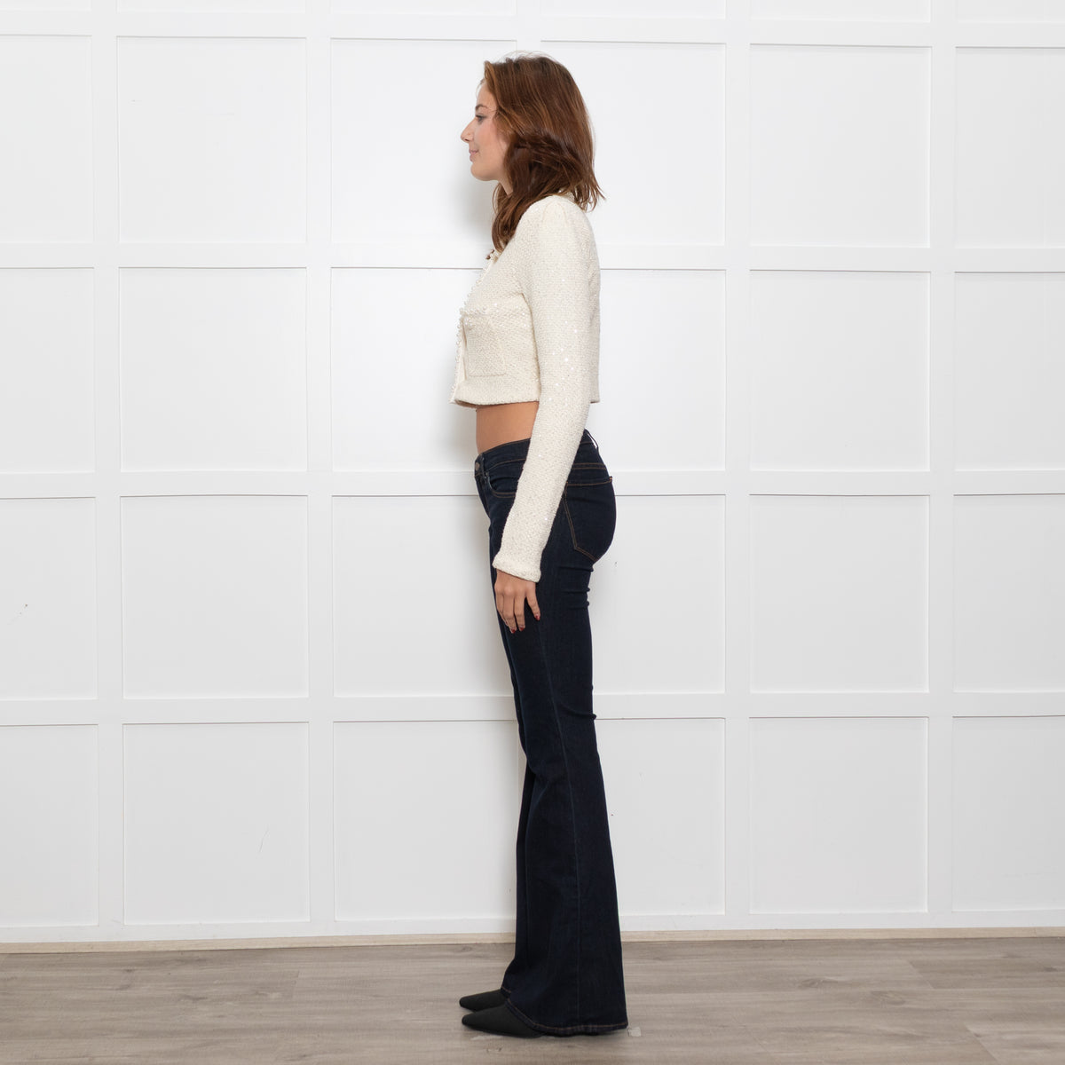Self Portrait Cream Sequin Tweedy Pearl Detail Jacket