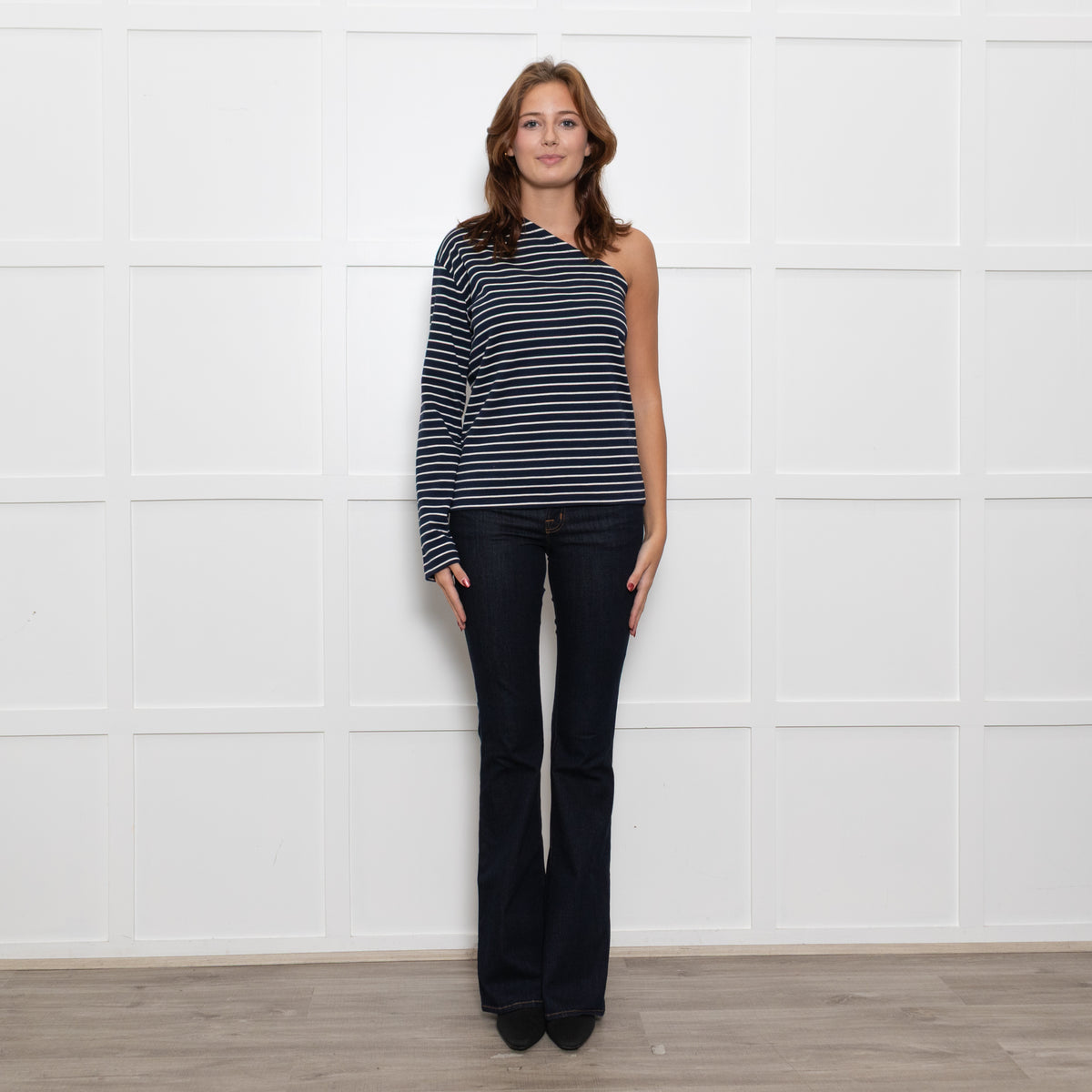 The Frankie Shop Navy White Striped One Shoulder Top