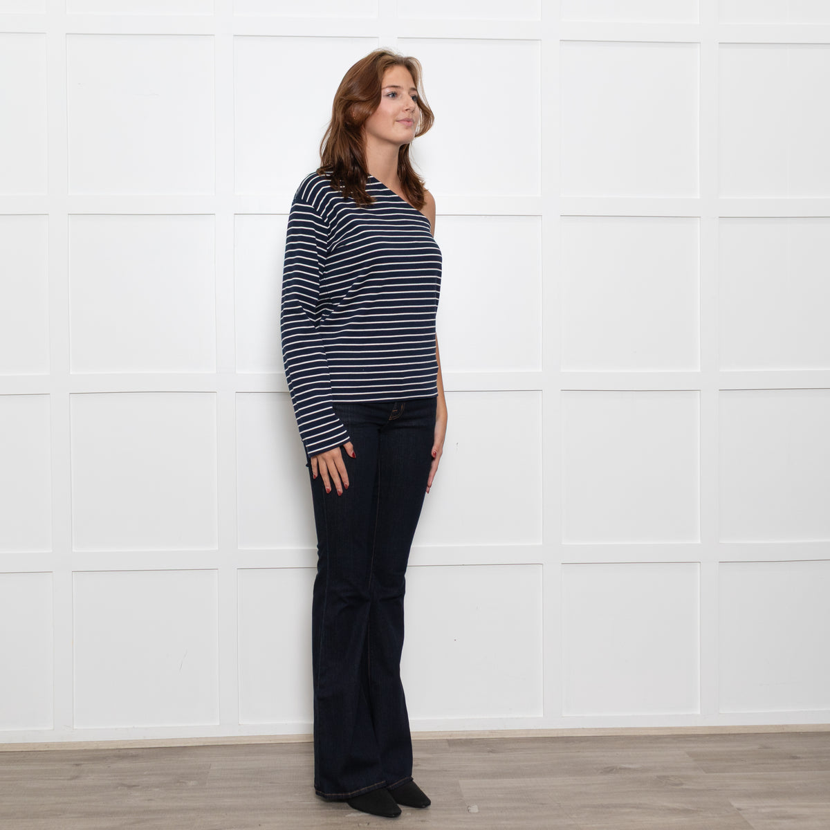 The Frankie Shop Navy White Striped One Shoulder Top