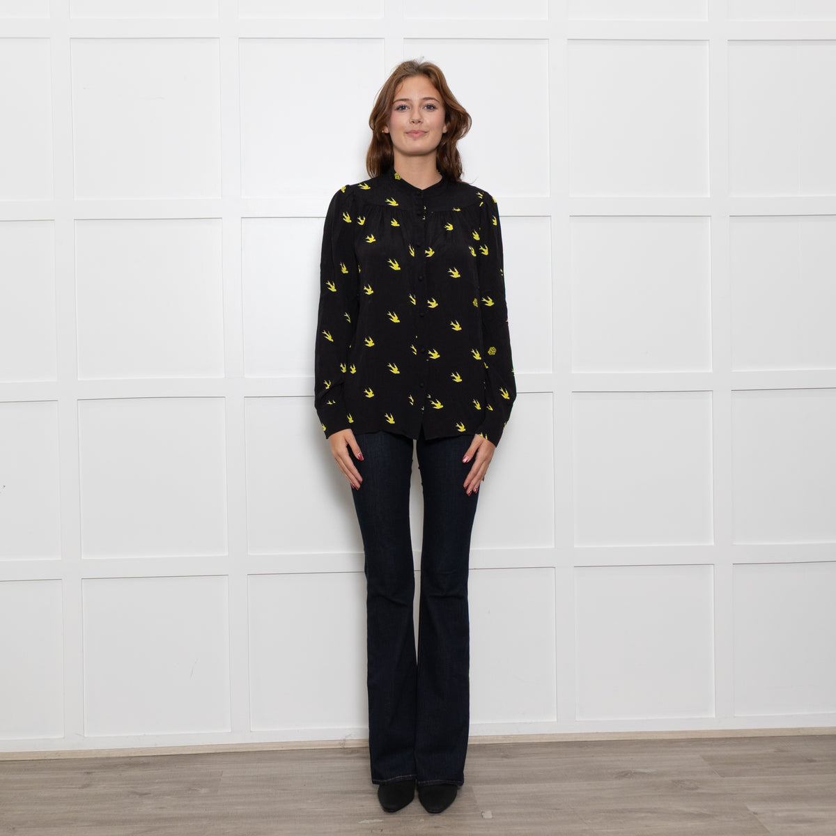 McQ Black And Yellow Swallows Print Blouse