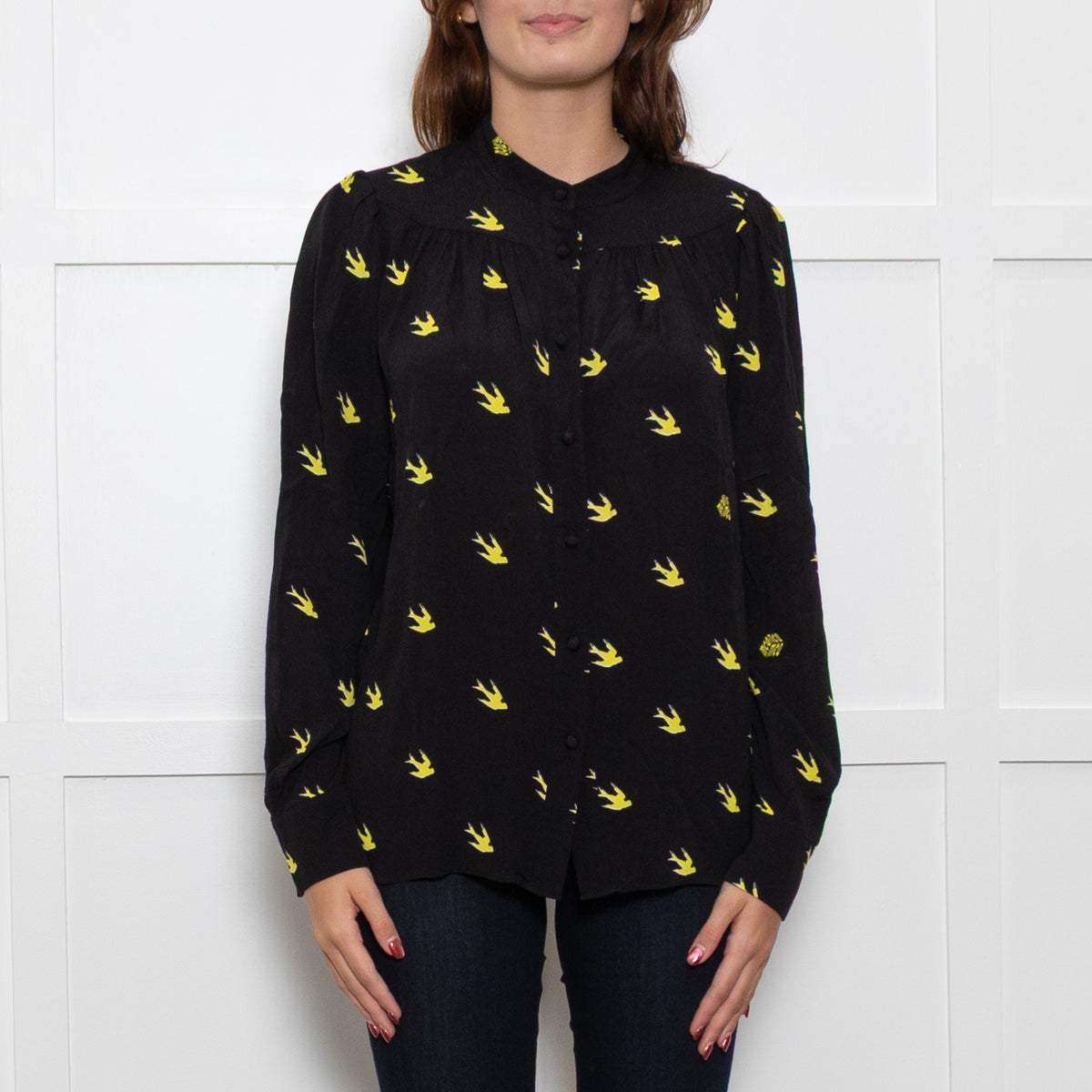 McQ Black And Yellow Swallows Print Blouse