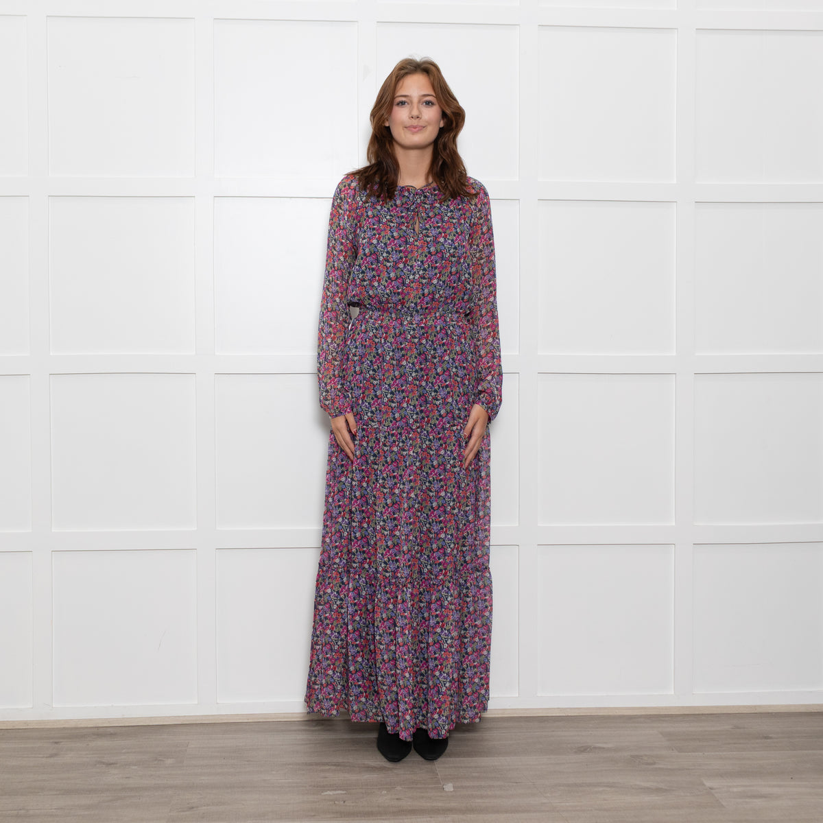 Ridley Multi Flower Pattern Silk Elasticated Waist Full Length Dress