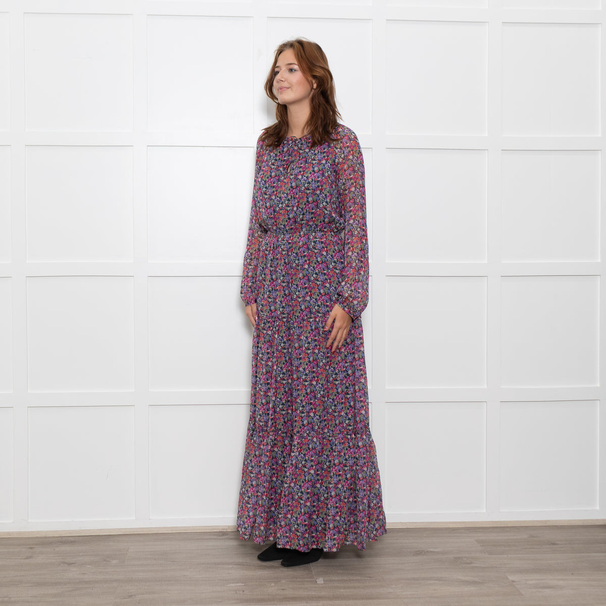 Ridley Multi Flower Pattern Silk Elasticated Waist Full Length Dress