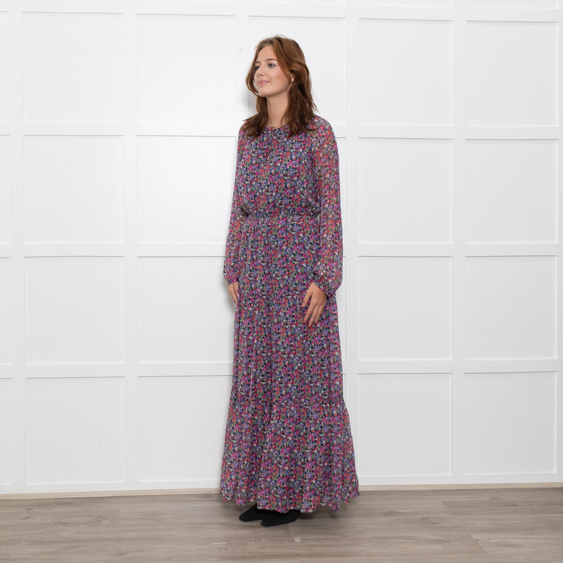 Ridley Multi Flower Pattern Silk Elasticated Waist Full Length Dress