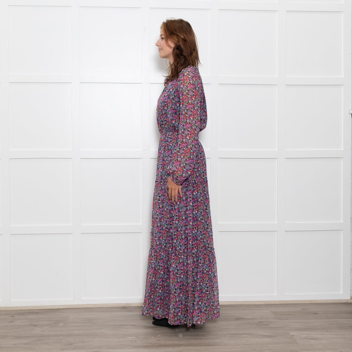 Ridley Multi Flower Pattern Silk Elasticated Waist Full Length Dress